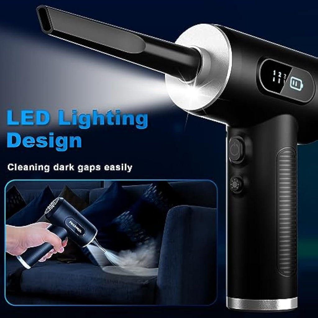 3-gear adjustable electric air duster with led light, rechargeable cordless air blower for keyboard cleaning (black)