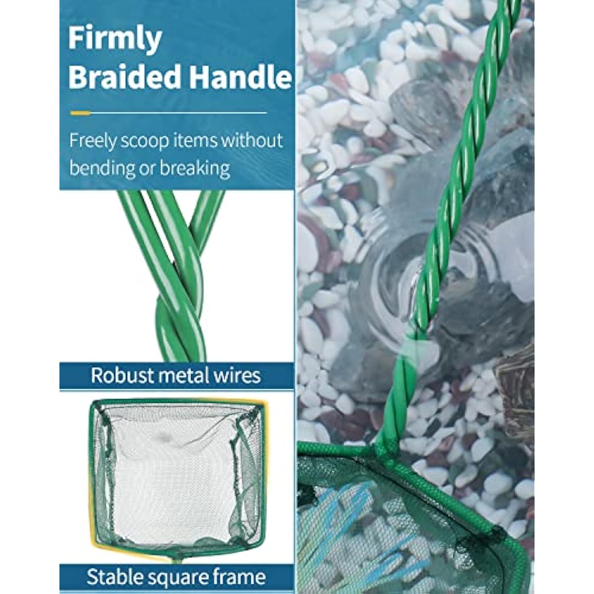 Pawfly green braided metal handle square aquarium net for fish tanks and small koi ponds