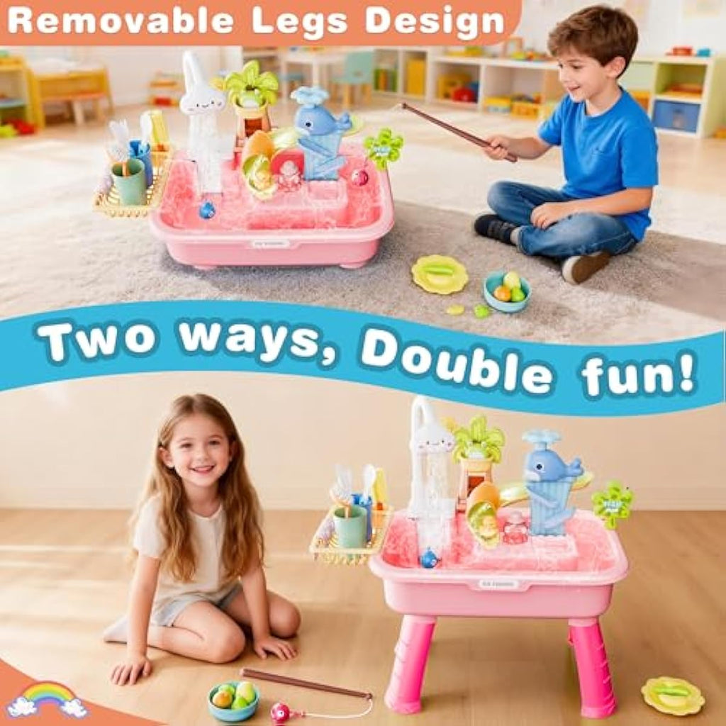 2026 Upgraded Water Table for Toddlers 3+, Water Table for Kids Ages 4-8 with Pump, Play Sink with Running Water, Kitchen Sink for Toddlers, Fishing Game and Outside Sensory Toys (Pink)
