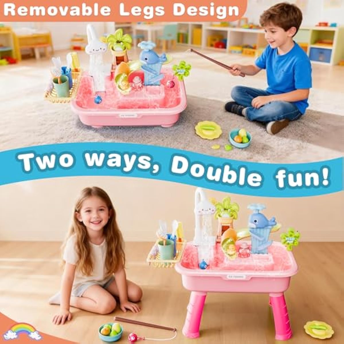 2026 Upgraded Water Table for Toddlers 3+, Water Table for Kids Ages 4-8 with Pump, Play Sink with Running Water, Kitchen Sink for Toddlers, Fishing Game and Outside Sensory Toys (Pink)