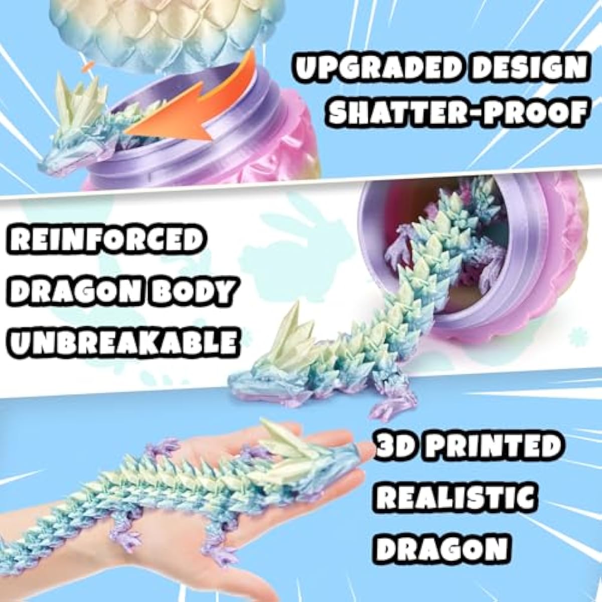 12" 3D Printed Dragon, Upgraded Fall Protection Dragon Egg & Reinforced 3D Dragons Joints, Safe Eco-Friendly Fidget Toy, Ideal for Easter Basket Stuffers, Easter Eggs (Rainbow Color)