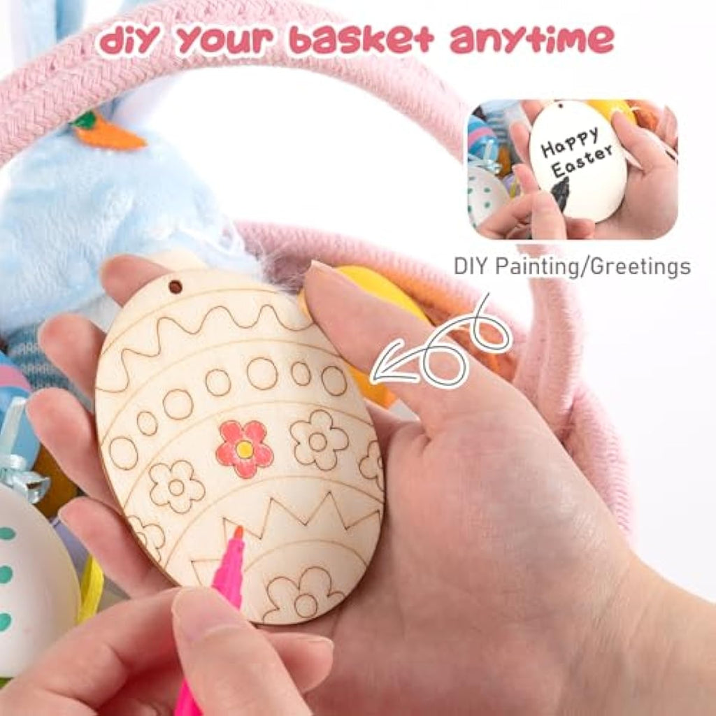 OIAHOMY Easter Basket with Handle, Personalized Bunny Easter Basket for Kids, Woven Rope Gift Empty for Eggs, Baby Treasure Hunt Baskets with Wooden Card for Boys and Girls - Pink