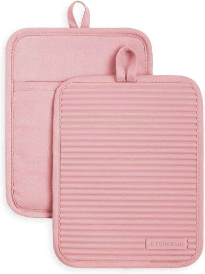 KITCHENAID Ribbed Soft Silicone Pot Holder 2-Pack Set, Matte Black, 7"x9"