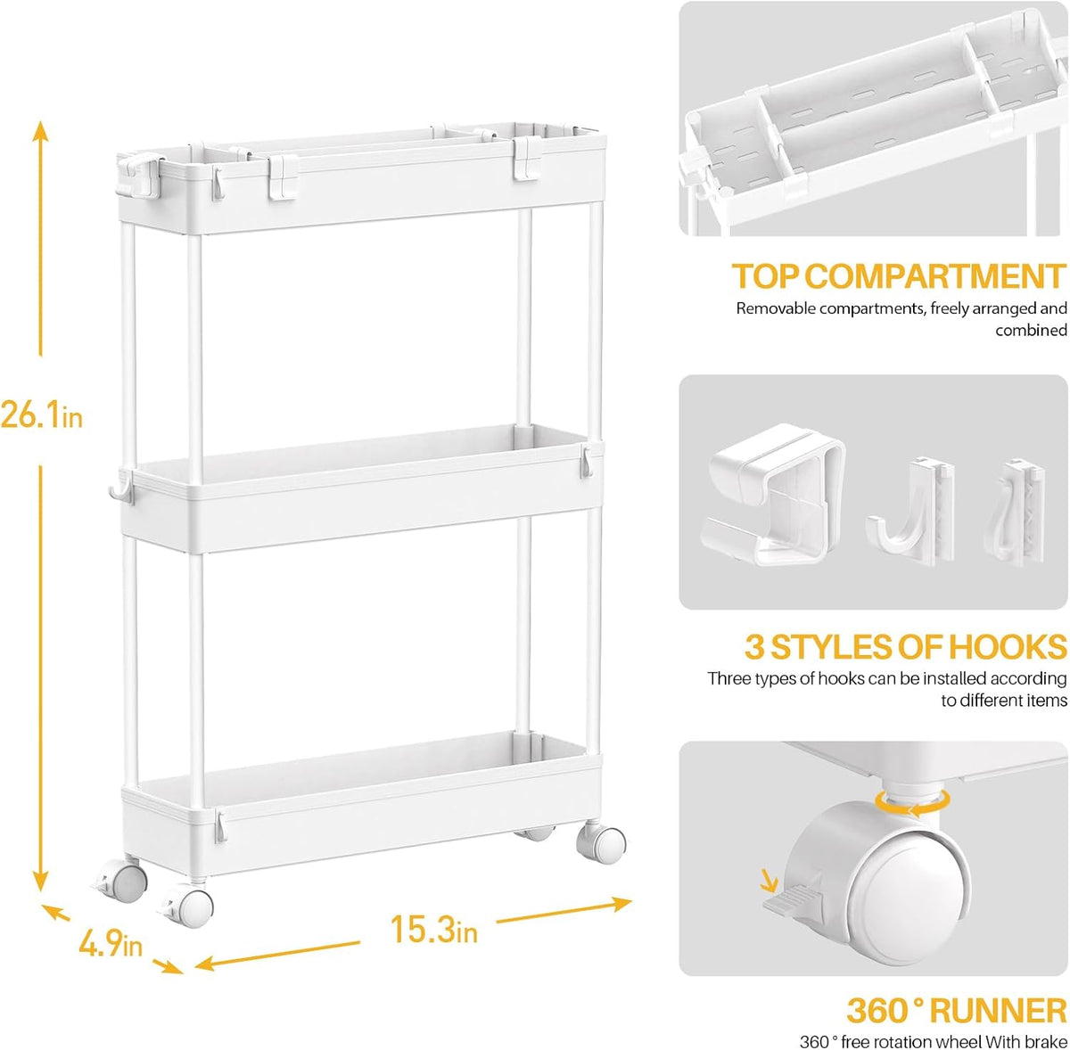 SPACELEAD Slim Storage Cart 3 Tier,Bathroom Organizer Rolling Utility, Mobile Shelving Unit Slide Out for Office, Kitchen, Laundry Room & Narrow Places,White