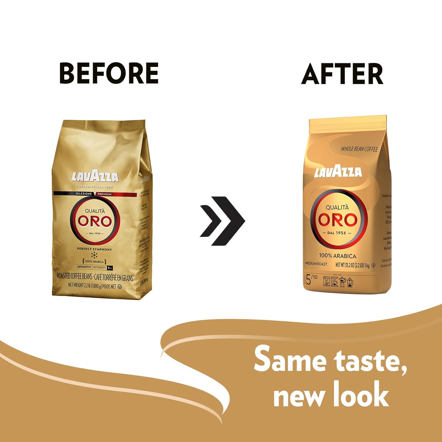 Lavazza Qualità Oro whole bean blend, medium roast, 2.2 pounds, 100% Arabica, Central America & African highland origins, fruity and aromatic