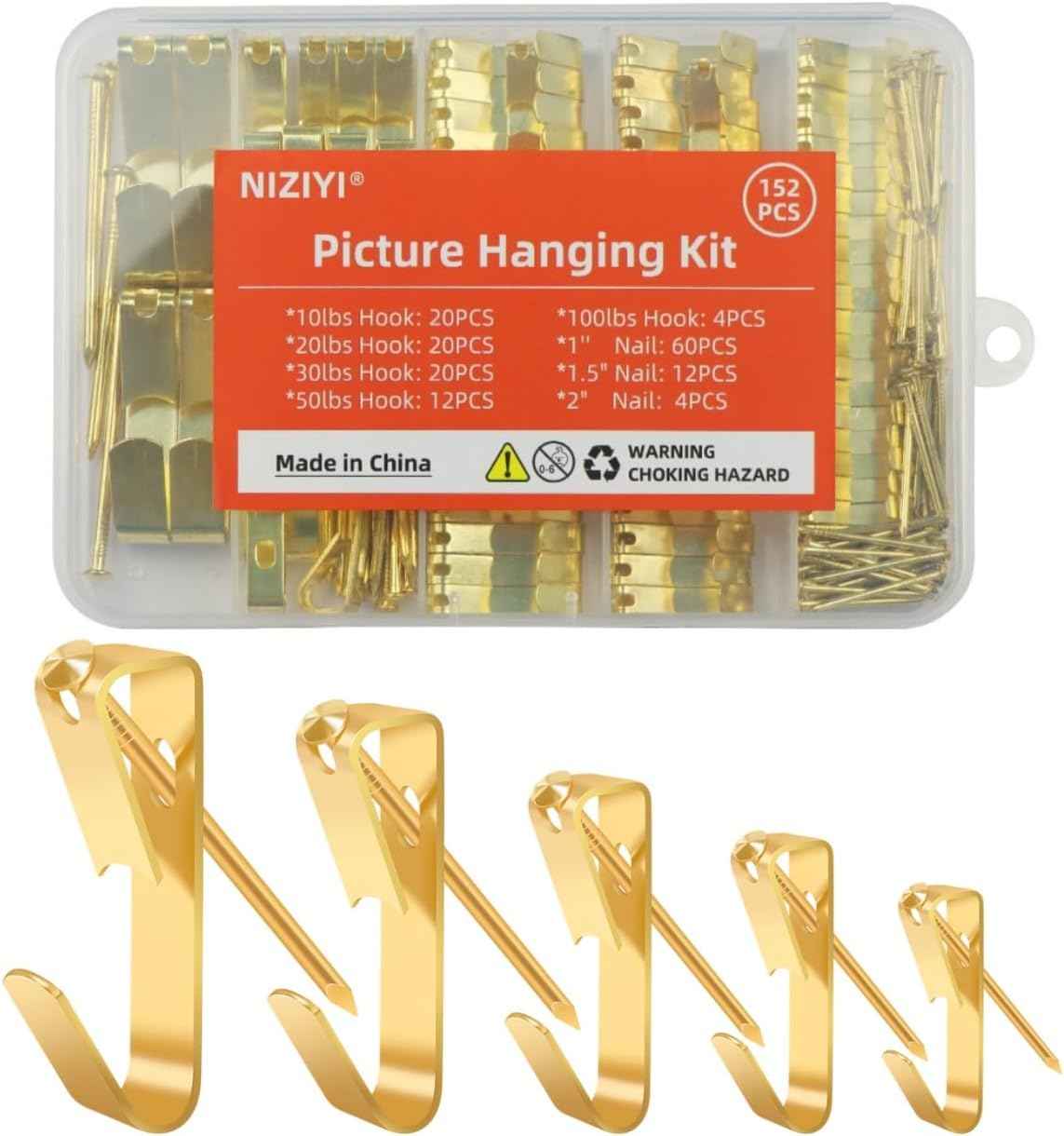 152Pcs Picture Hanging Kit, Picture Hangers 10lb, 20lb, 30lb, 50lb, 100lb Hooks with Nails, Heavy Duty Photo Frame for Pictures, Painting ,Mirror, Wall Art Mounting on Drywall, Wooden Wall