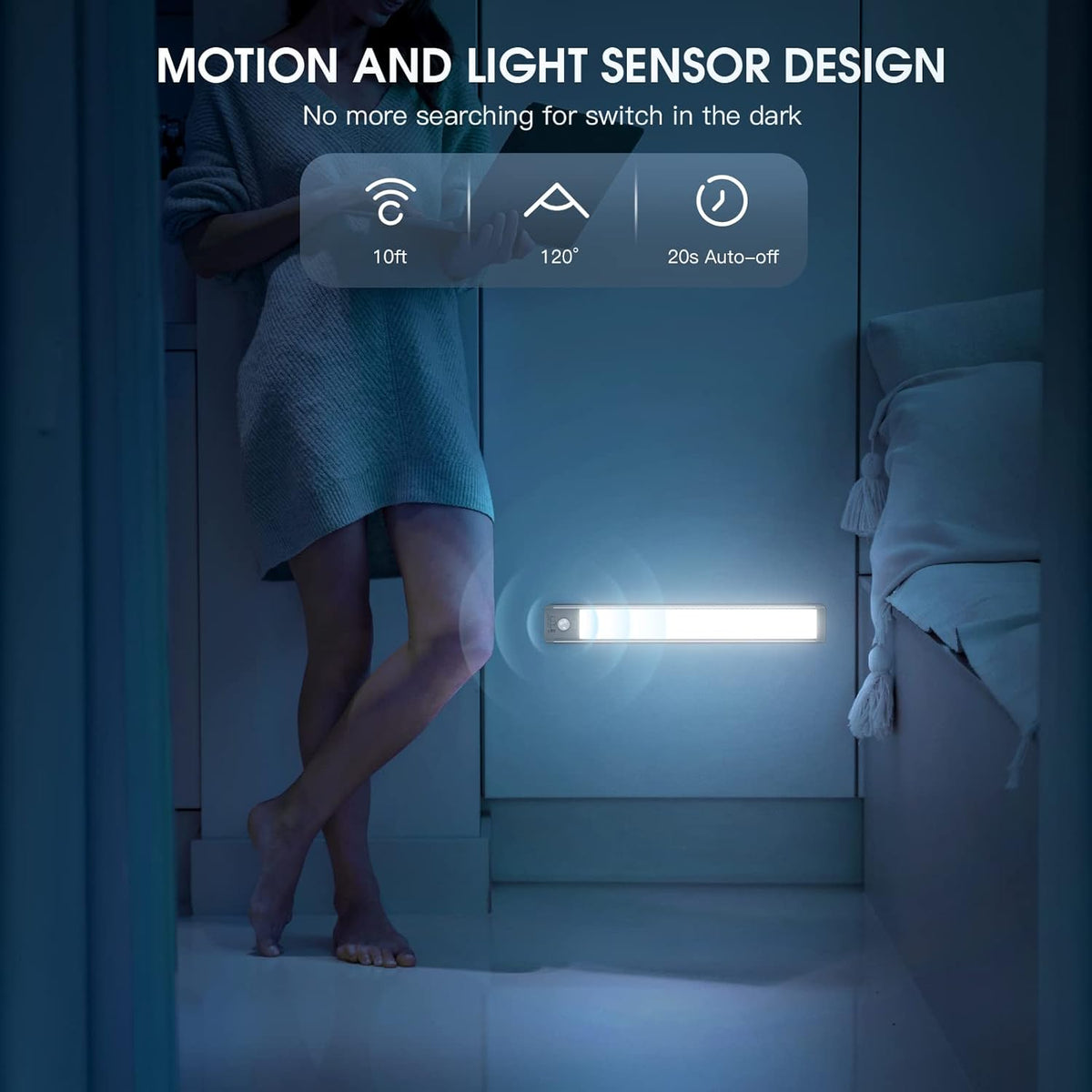 10inch Under Cabinet Lighting, 2 Pack Rechargeable Motion Sensor Light Indoor, 5 Levels Dimmable Magnetic Closet Lights, Wireless Under Counter Lights for Kitchen, Stairs
