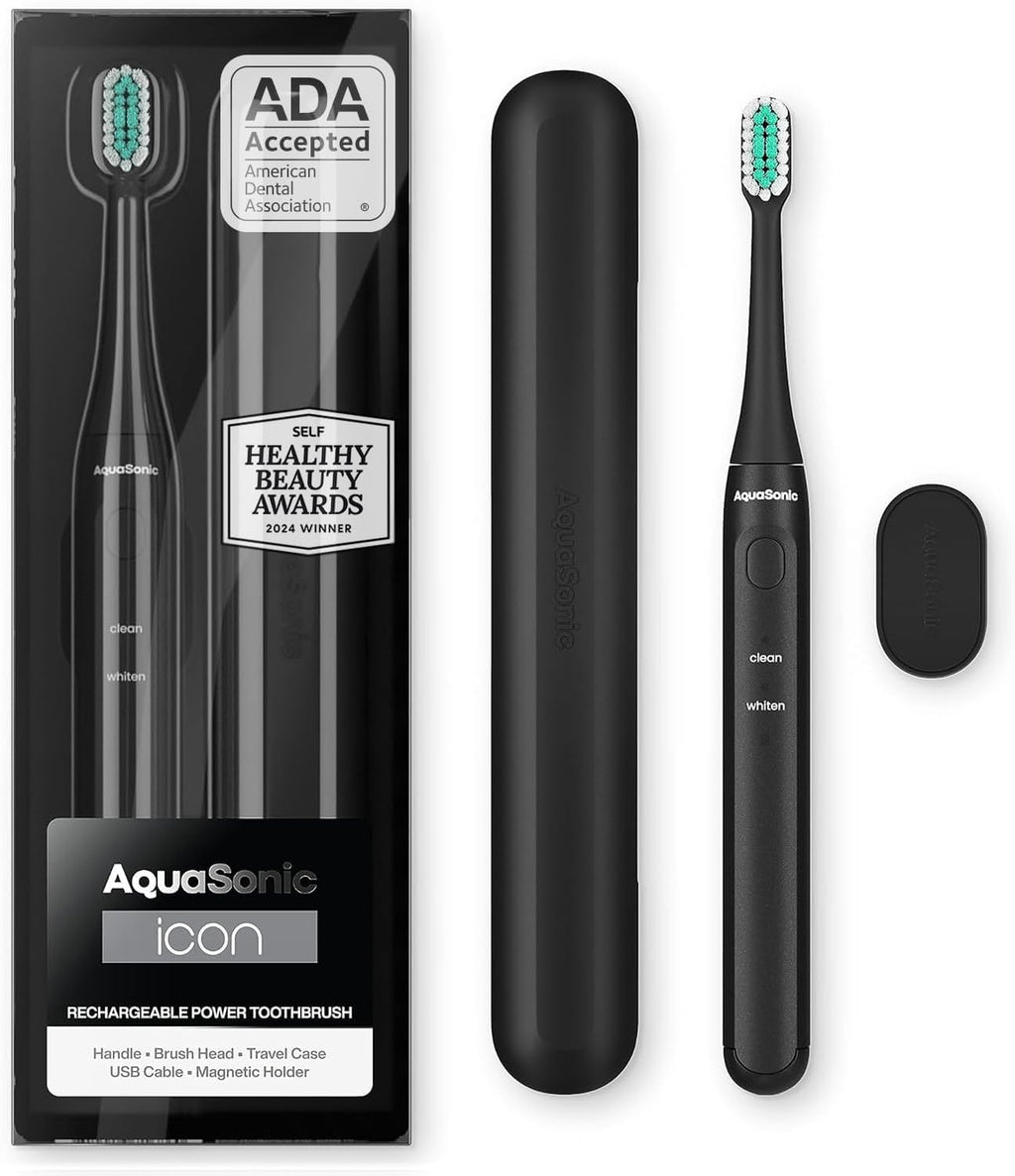 Aquasonic Icon ADA-Accepted Rechargeable Toothbrush with Magnetic Holder & Slim Travel Case | 2 Modes & Smart Timers | Gentle Micro-Vibrations