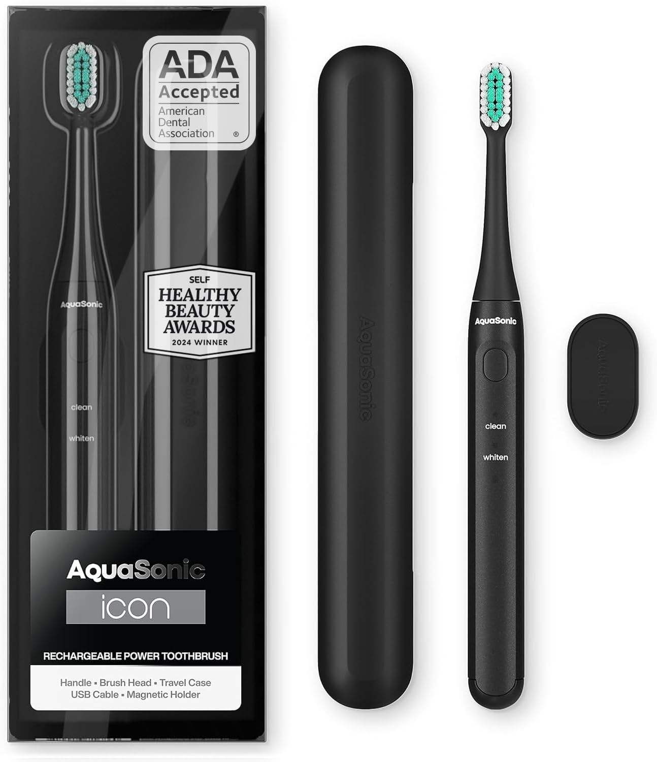 Aquasonic Icon ADA-Accepted Rechargeable Toothbrush with Magnetic Holder & Slim Travel Case | 2 Modes & Smart Timers | Gentle Micro-Vibrations