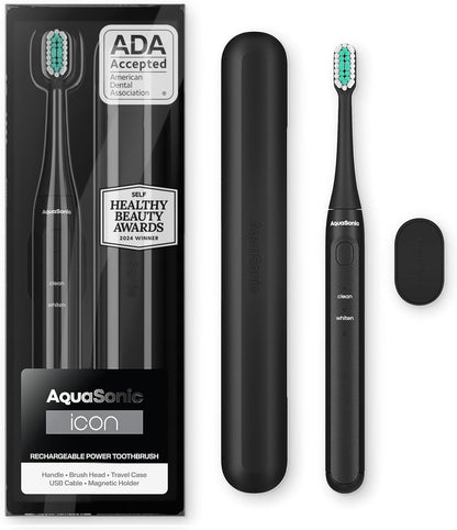 Aquasonic Icon ADA-Accepted Rechargeable Toothbrush with Magnetic Holder & Slim Travel Case | 2 Modes & Smart Timers | Gentle Micro-Vibrations
