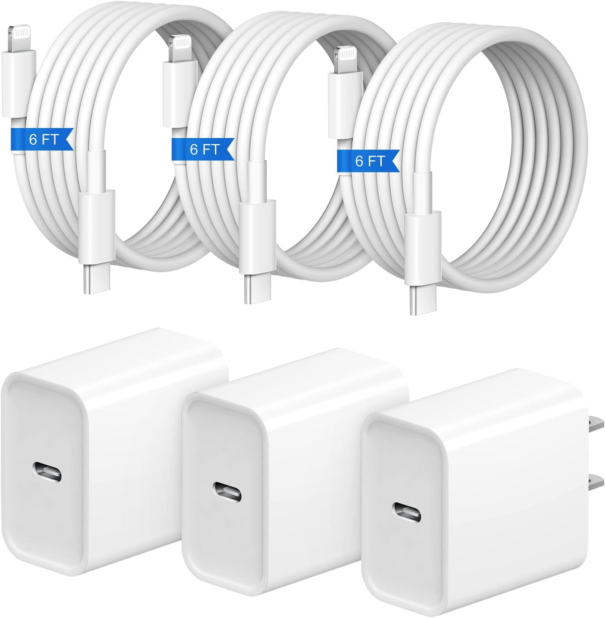 iPhone Fast Charger 3+3Pack 20W USB C Wall Charger with 6FT Fast Charging Cable Compatible with iPhone 14/13/12/11/Pro/Pro Max