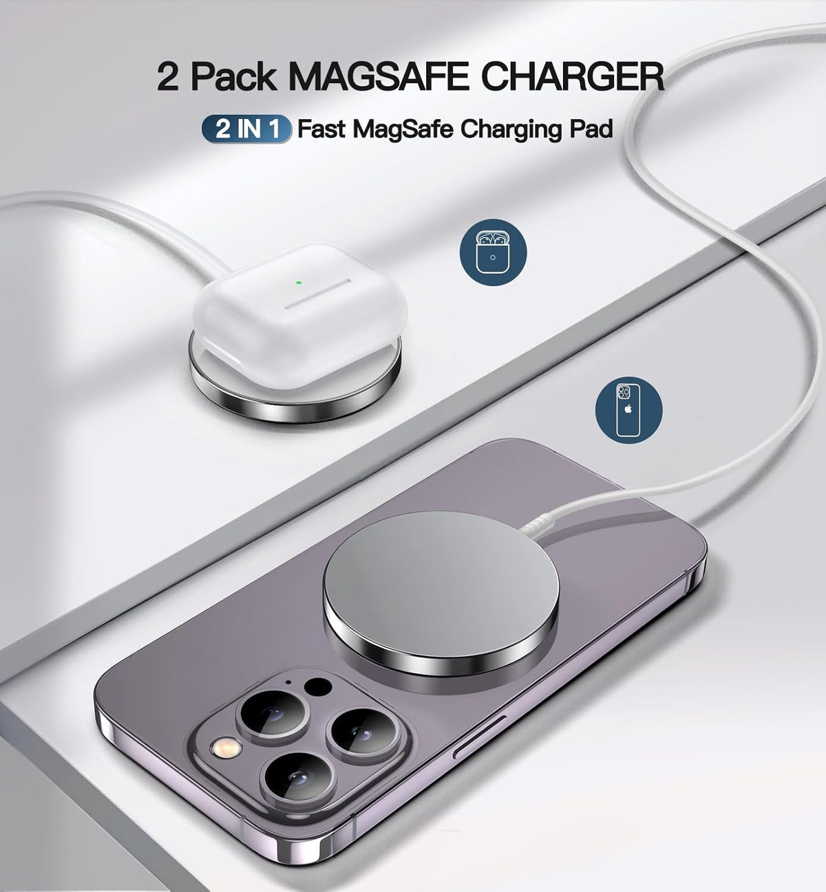 Magnetic Wireless Charger 15W Fast Mag Safe Charger for Cell iPhone 17 Pro Max/17 Pro/17 Air/17/16/15/14/13/12 Series 2 Pack Charging Pad for AirPods 3/2/Pro 2/Pro Mag-Safe Original Replacement
