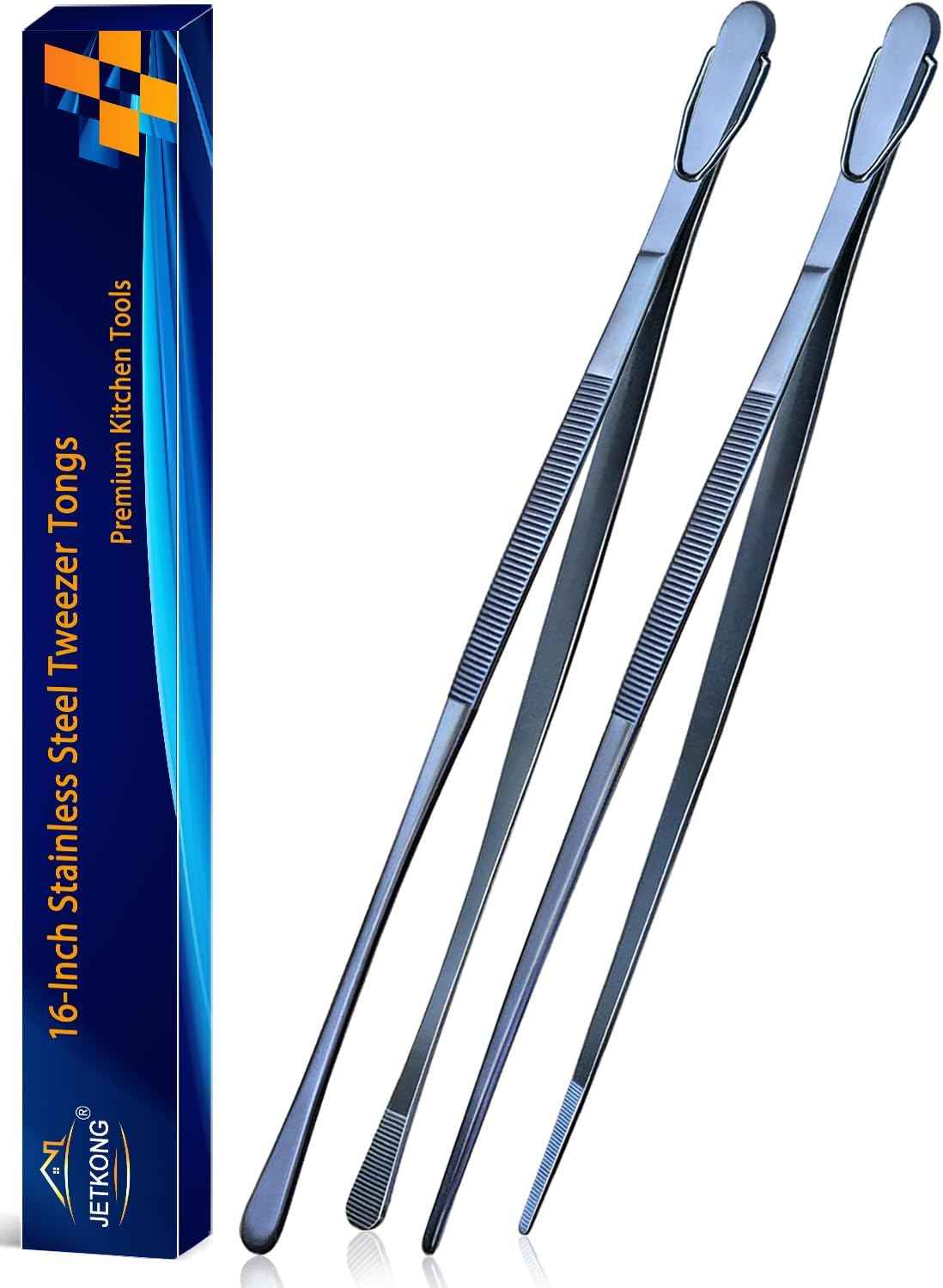 JETKONG 2 Pcs 12-Inch Kitchen Tweezers Fine Tweezer Tongs, Extra-Long Stainless Steel Cooking Tweezers (Silver)