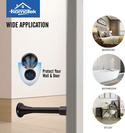 HOMOTEK 12 Pack Black Spring Door Stops,3-1/8" Heavy Duty - Flexible Door Stopper with Low Mounted Black Rubber Bumper Tips