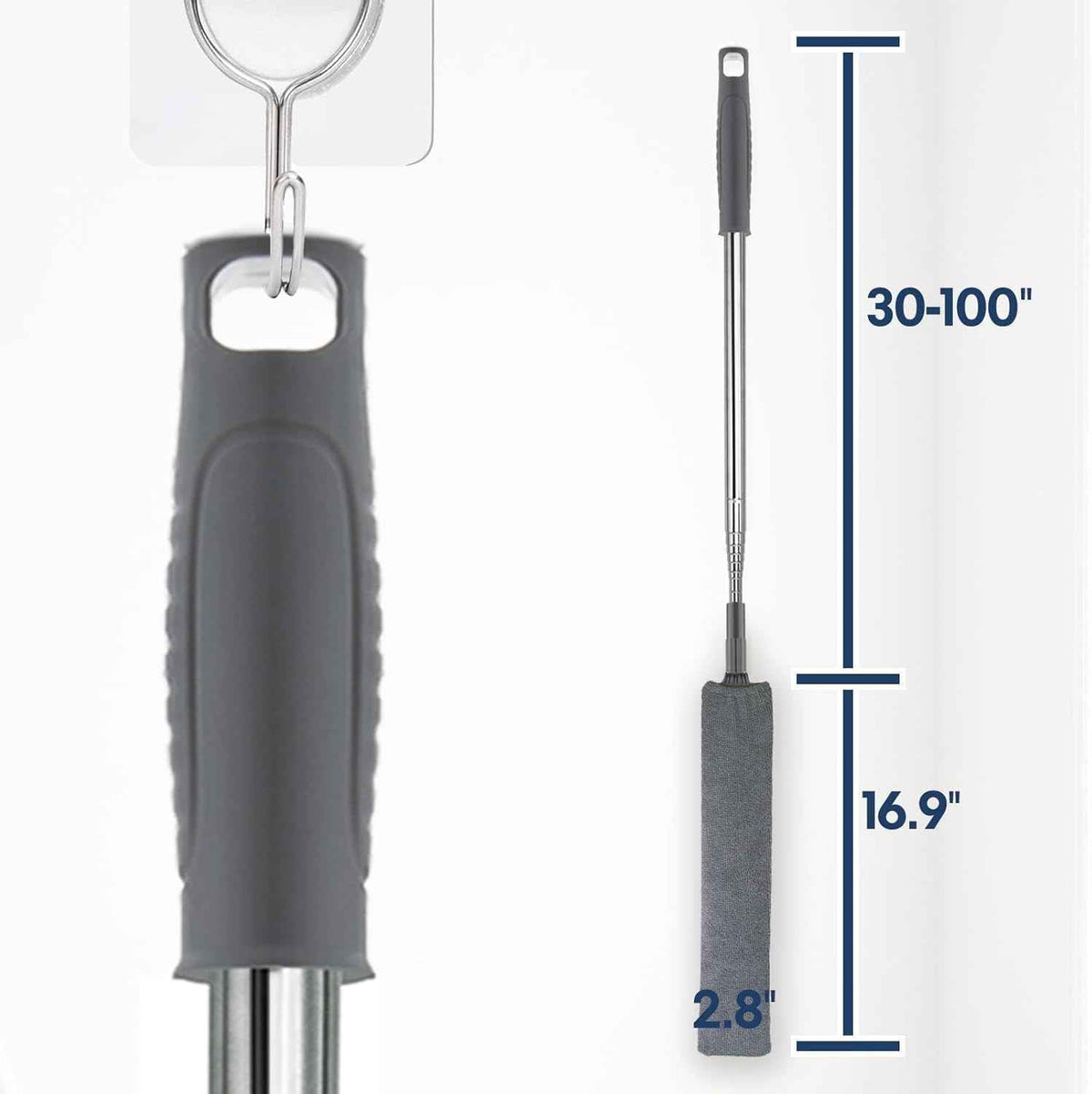 Retractable gap dust cleaner with extension pole and 3 microfiber cloths for under refrigerator, furniture, and appliance cleaning