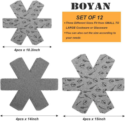 BOYAN Pot and Pan Protectors Set of 12, 3 Sizes, Cookware Protector Felt Pads for Anti-Slip Stacking and Scratching Prevention