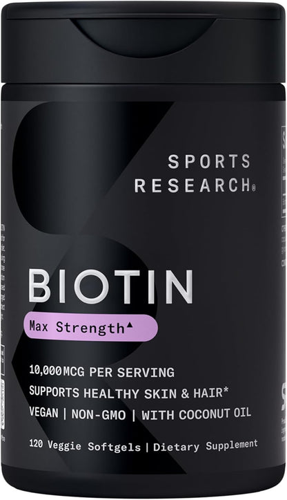Sports Research® Biotin 10,000mcg with Organic Coconut Oil - Biotin (Vitamin B7) for Healthy Skin and Hair Support* - for Women and Men - Vegan, Non-GMO, Gluten & Soy-Free - 120 Veggie Softgels