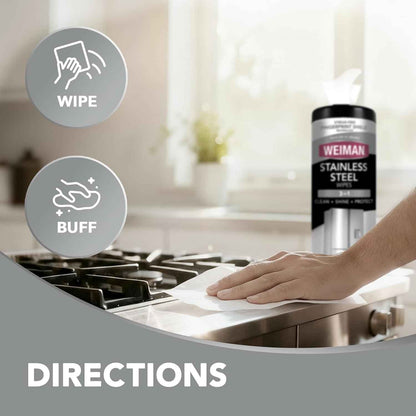 Weiman Stainless Steel Cleaner, 30 Count Cleaning Wipes, Removes Dirt, Grime, and Grease, No Streaks or Residue, Stainless Steel Polish for a Sparkling Clean and Shiny Surface, Cleaning Supplies