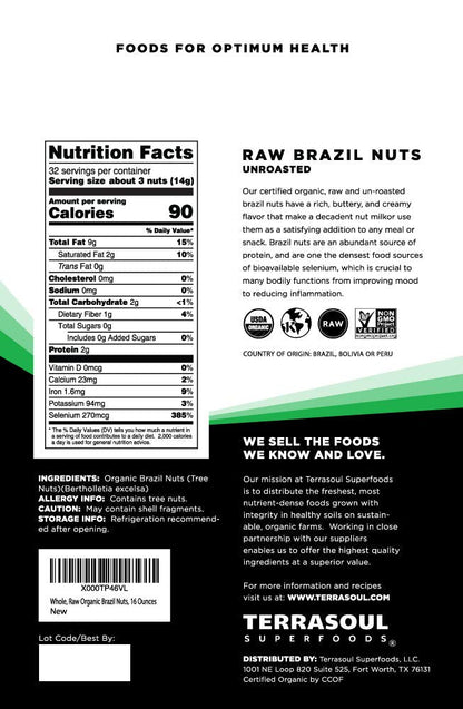 Terrasoul superfoods organic brazil nuts, 1 lb raw unsalted rich in selenium