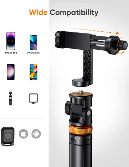 EUCOS 62" Phone Tripod, Tripod for iPhone & Selfie Stick with Remote, Extendable Cell Phone Stand & Ultimate Phone Holder, Solidest Phone Stand Compatible with iPhone/Android