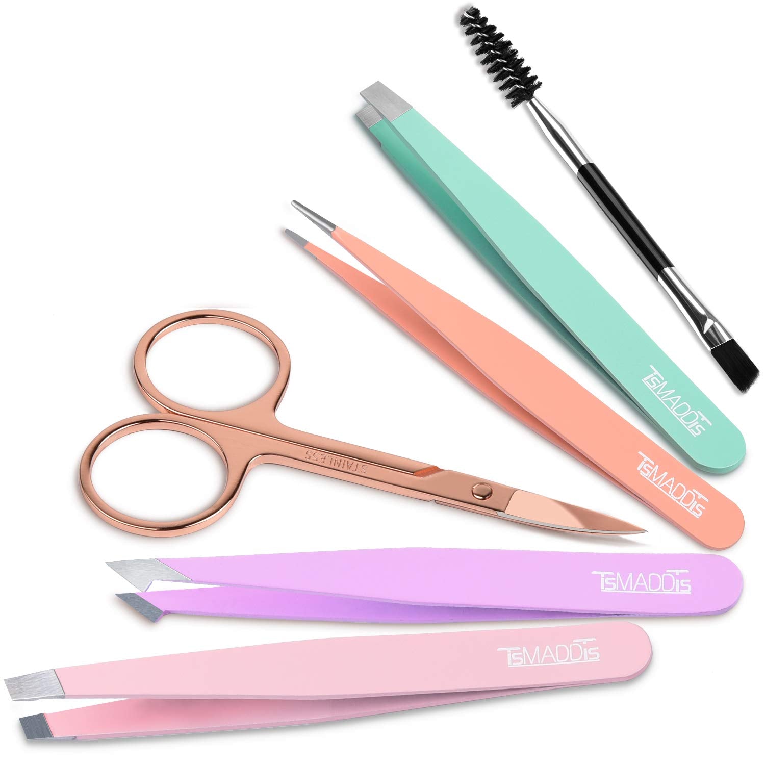 TsMADDTs 6 PCS Stainless Steel Tweezers Set for Women with Curved Scissor and Leather Travel Case
