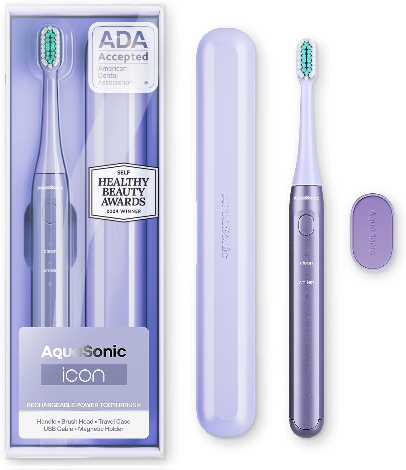 Aquasonic Icon ADA-Accepted Rechargeable Toothbrush with Magnetic Holder & Slim Travel Case | 2 Modes & Smart Timers | Gentle Micro-Vibrations