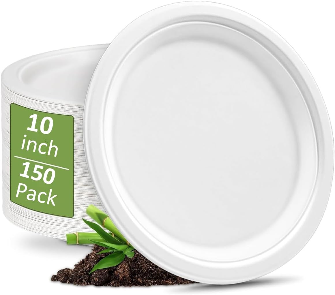 100% Compostable 5X Stronger Round 9-Inch  125 Count & 10-Inch 150Count  Paper Plates| Disposable Biodegradable Bagasse Microwave-Safe, Soak-Proof, Cut & Leak Resistant Plates For Everyday Meals BBQs & Parties