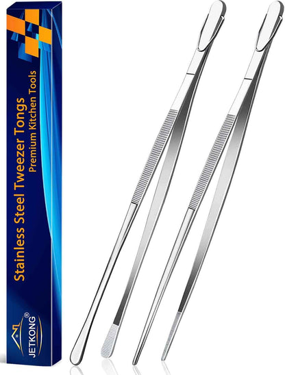 JETKONG 2 Pcs 12-Inch Kitchen Tweezers Fine Tweezer Tongs, Extra-Long Stainless Steel Cooking Tweezers (Silver)