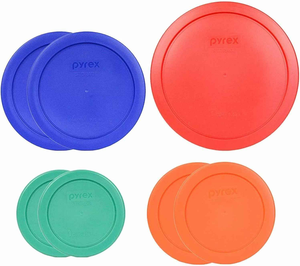 Pyrex (2) 7202-PC Green, (2) 7200-PC Orange, (2) 7201-PC Cobalt Blue, (1) 7402-PC Red Food Storage Lids - Made in USA