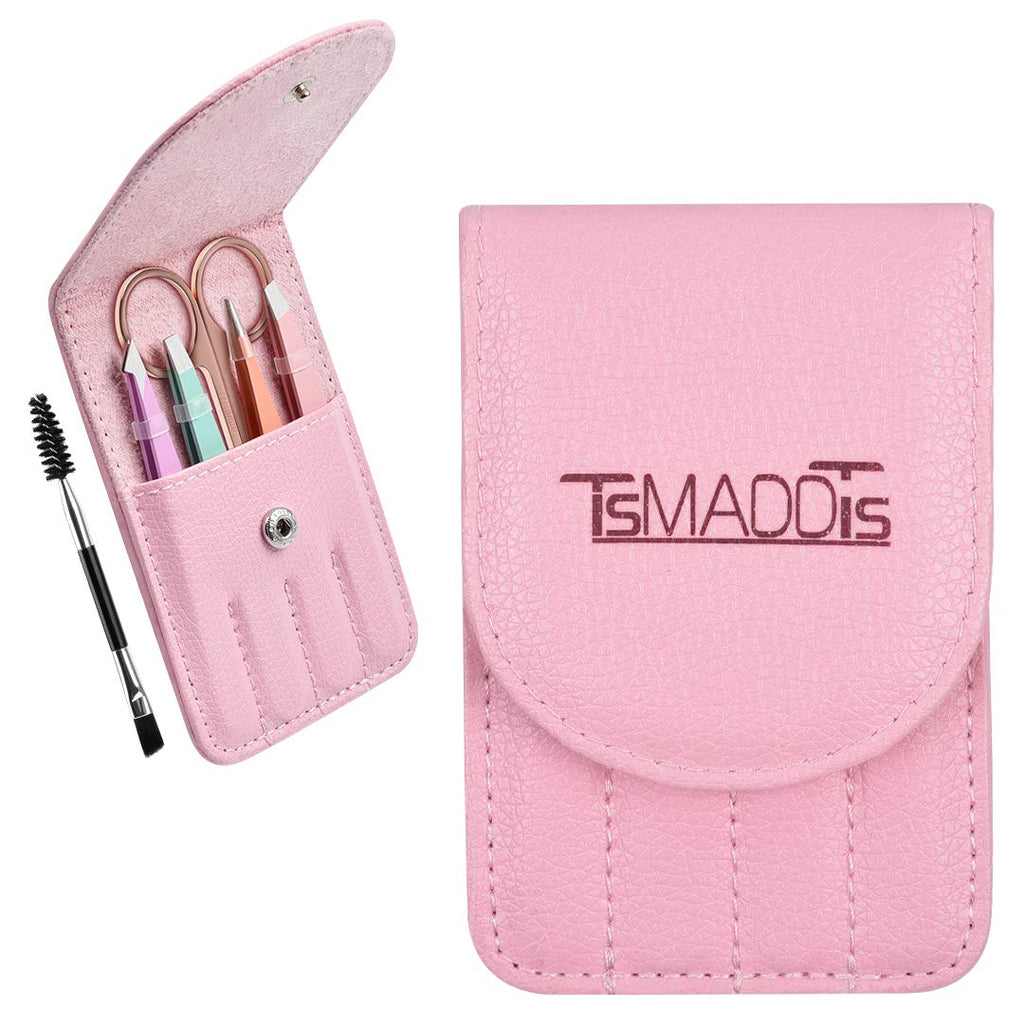 TsMADDTs 6 PCS Stainless Steel Tweezers Set for Women with Curved Scissor and Leather Travel Case