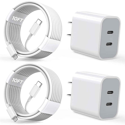 apple mfi certified 10ft iphone fast charger, 2-pack pd dual apple fast charger usbc charge block