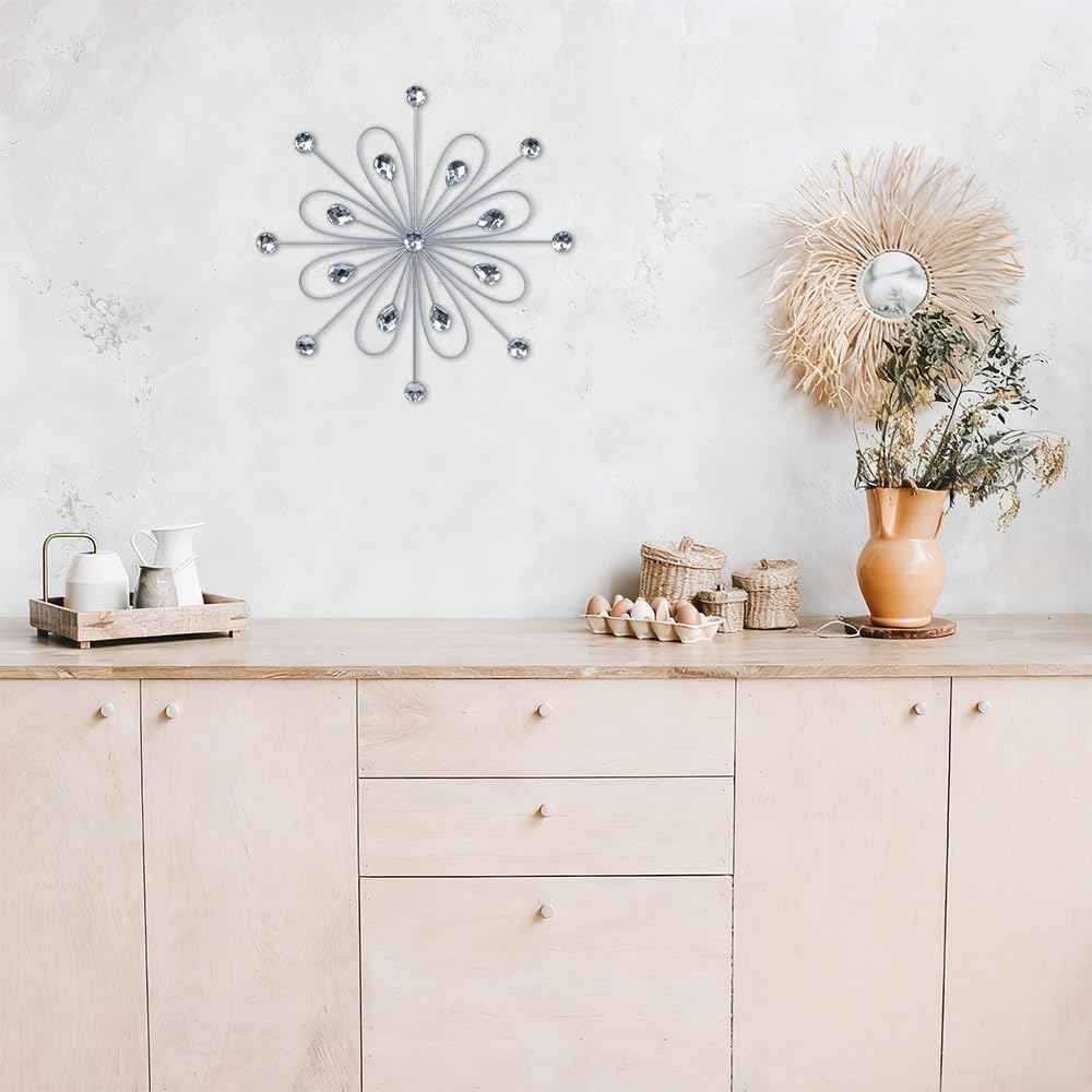 hogardeck Metal Flower Wall Decor, 11inch Silver Metal Jeweled Wall Art Bling Crystal Home Décor, Sun Burst Rhinestone Wall Hanging Diamond Accents for for Indoor, Outdoor, Living Room, Bedroom
