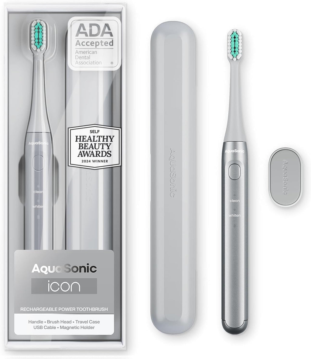 Aquasonic Icon ADA-Accepted Rechargeable Toothbrush with Magnetic Holder & Slim Travel Case | 2 Modes & Smart Timers | Gentle Micro-Vibrations