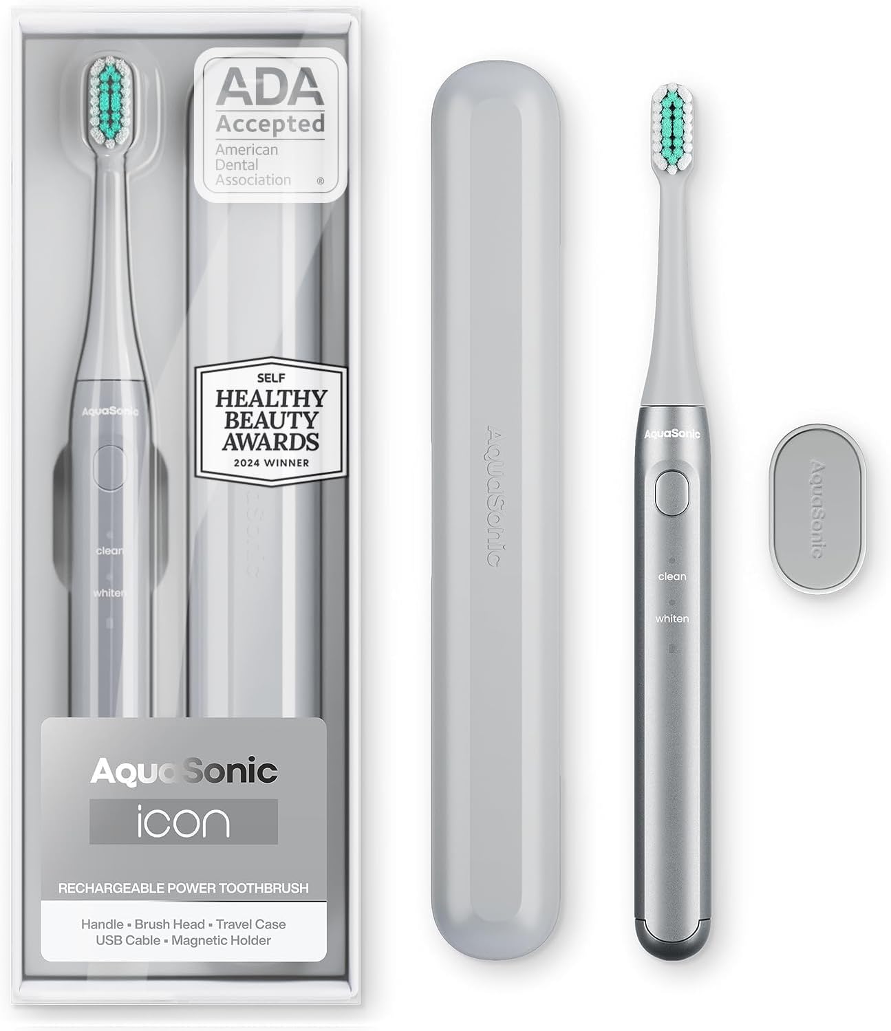Aquasonic Icon ADA-Accepted Rechargeable Toothbrush with Magnetic Holder & Slim Travel Case | 2 Modes & Smart Timers | Gentle Micro-Vibrations