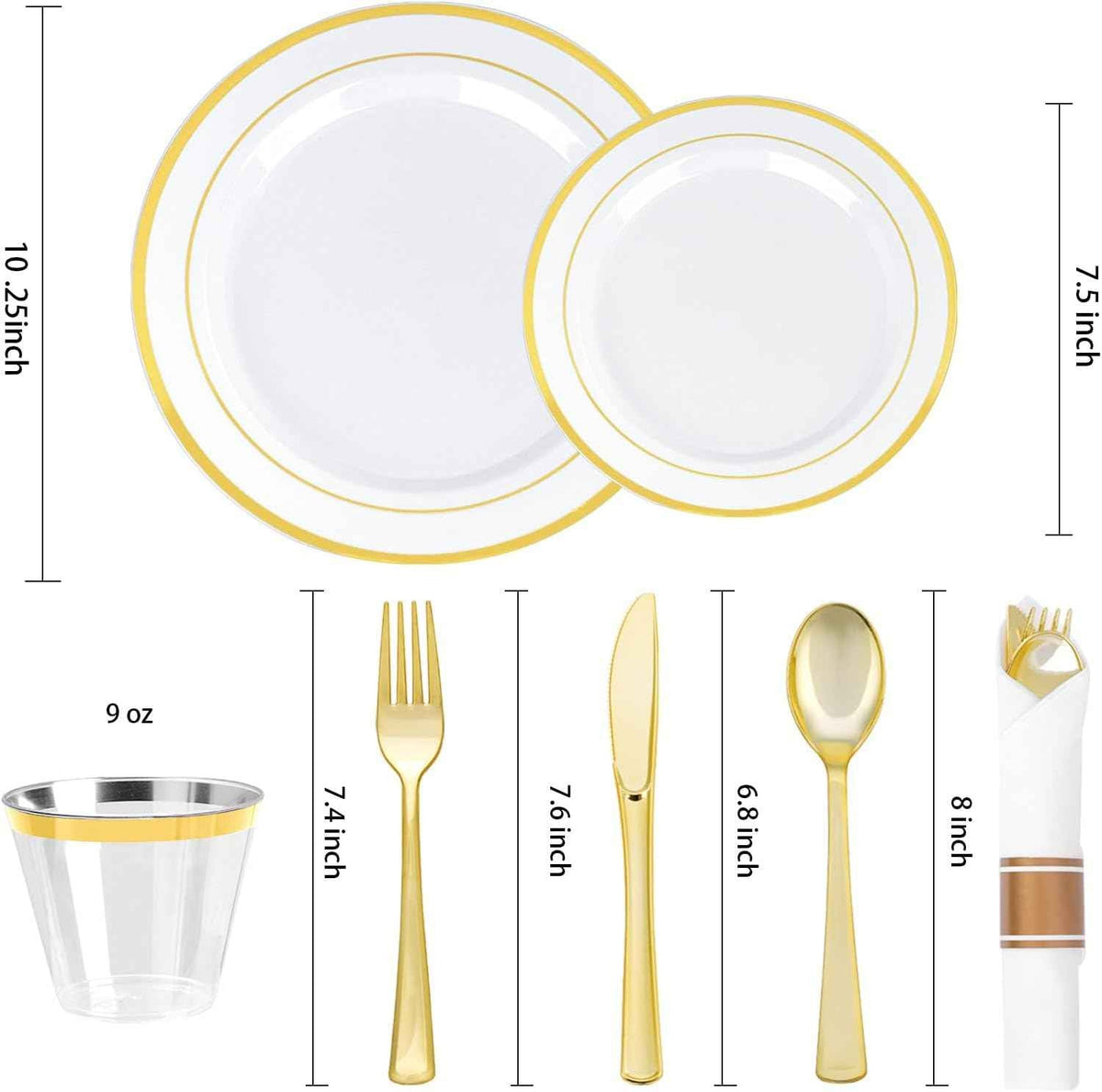 BESTVIP 700PCS Gold Plastic Dinnerware Set for 100 Guests, Disposable Plates for Party, Include: 200 Plastic Plates, 100 Pre Rolled Napkins with Gold Silverware, 100 Cups for Christmas, Halloween