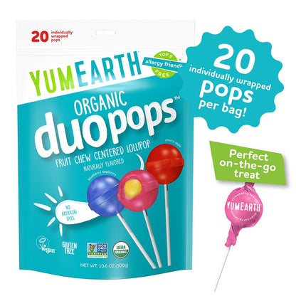 yumearth organic duo pops - allergy friendly, organic, vegan, gluten free, no artificial dyes, 20 count