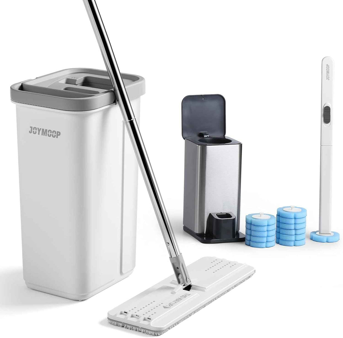 JOYMOOP Mop and Bucket Set with Wringer, Flat Mops for Floor Cleaning, Wall Mop Cleaner with Long Handle, Hardwood Floor Mop with 4 Microfiber Pads
