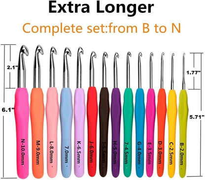 Yarniss Crochet Hooks,14 Size Crochet Set 2mm(B)-10mm(N), Ergonomic Crochet Hooks Set with Case for Beginner,Long Crochet Needles