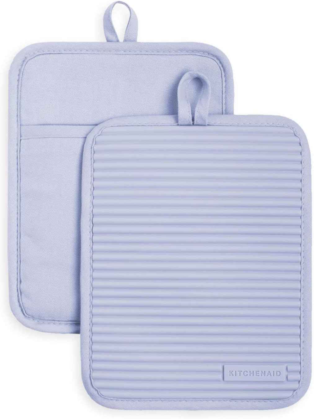 KITCHENAID Ribbed Soft Silicone Pot Holder 2-Pack Set, Matte Black, 7"x9"