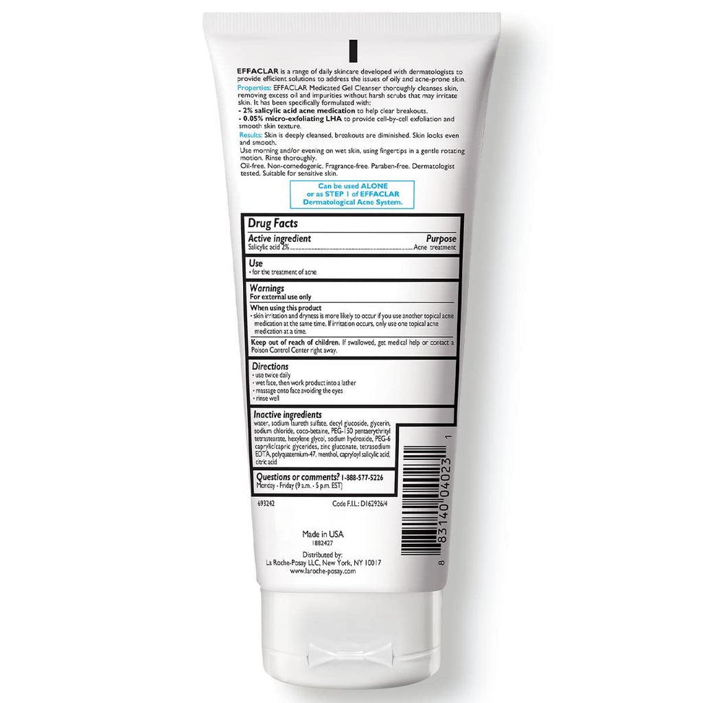 la roche posay effaclar medicated gel cleanser, 2% salicylic acid, lha, glycerin, oil free, dermatologist tested face wash for acne prone skin