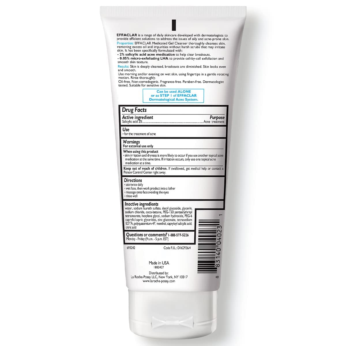 la roche posay effaclar medicated gel cleanser, 2% salicylic acid, lha, glycerin, oil free, dermatologist tested face wash for acne prone skin