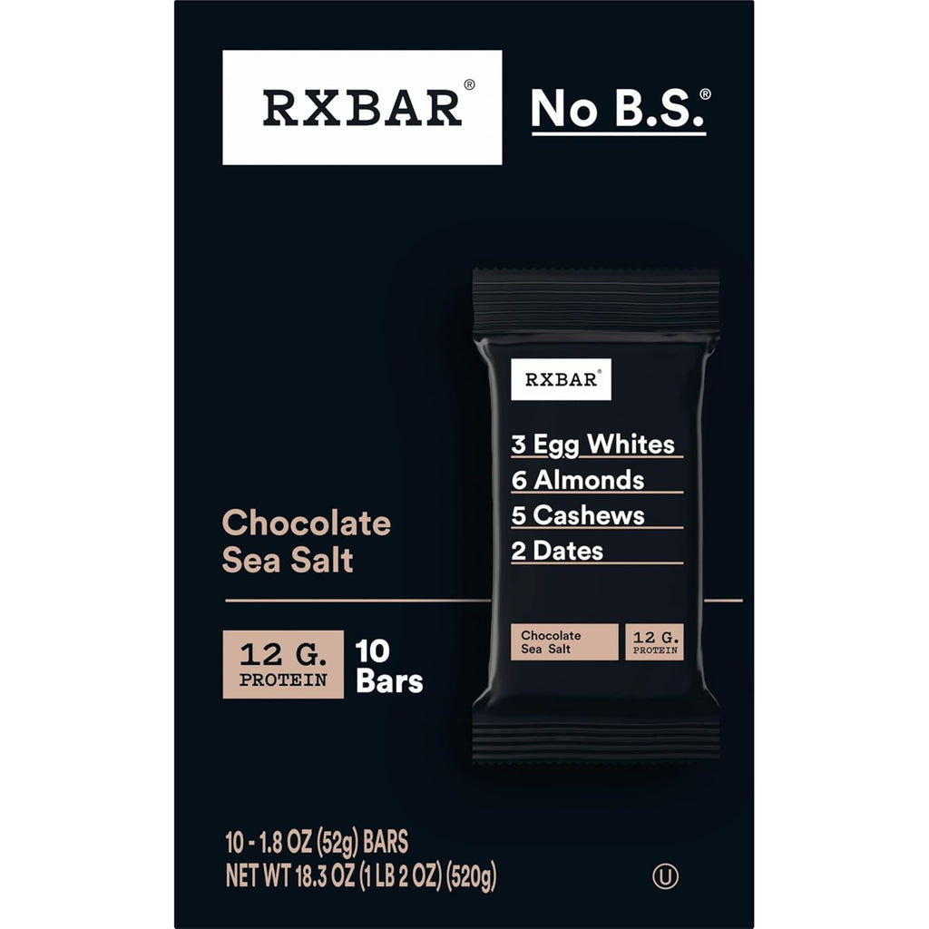 RXBAR Chocolate Sea Salt Protein Snack Bars, 18.3oz Box (10 Count), Gluten Free, 12g Protein
