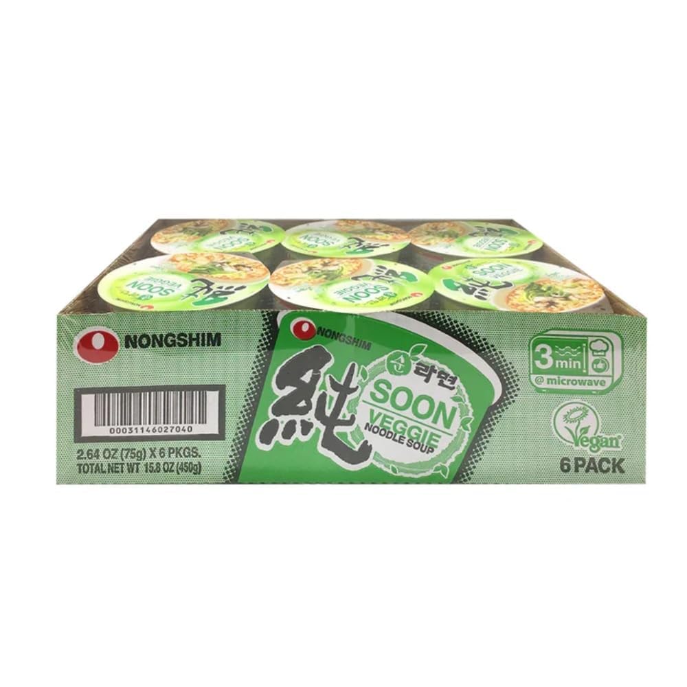 Nongshim Soon Cup Noodle Soup Veggie 2.6 Ounce Pack of 6, vegan, microwaveable, value pack