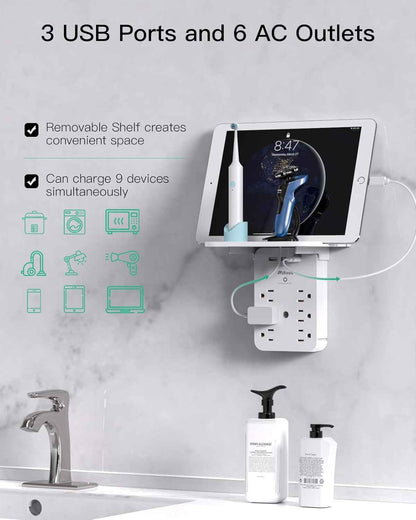 wall outlet extender with 6 ac outlets, shelf, 2 usb & usb c charging ports - compact plug expander