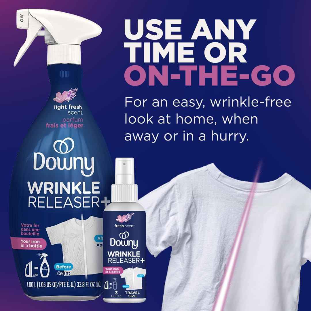 Downy Wrinkle Releaser Spray Travel Size 16.9 Oz Pack of 2 Removes Wrinkles, Static, and Odors