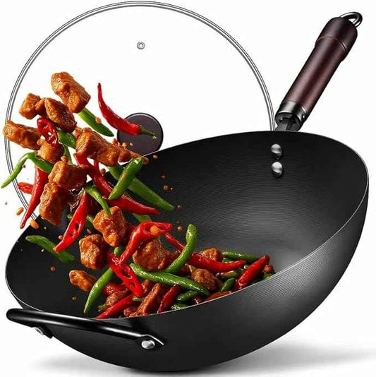 Wok, 13 Inch carbon steel woks & stir-fry pans nonstick, Pre-Seasoned 5.8QT Flat Bottom Chinese Wok Paella Pan with lid, Carbon Steel Cookware, Compatible with All Cooktops