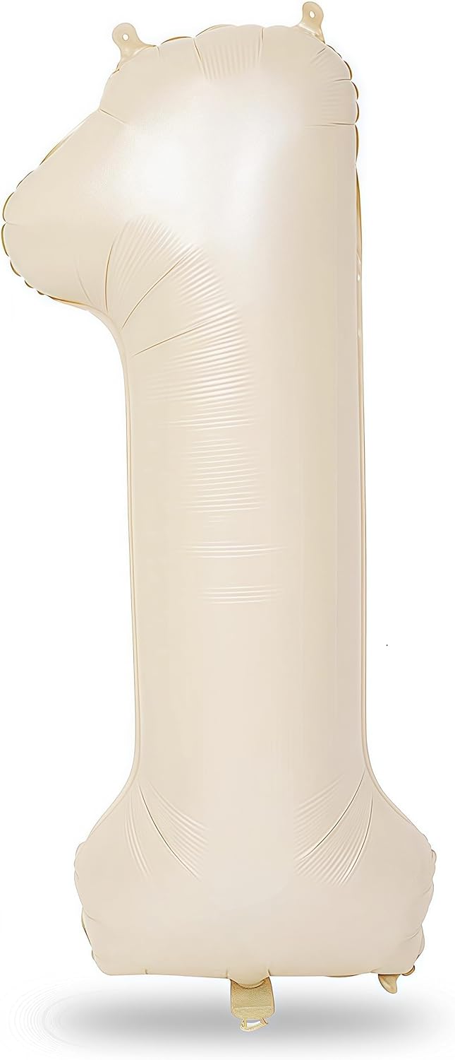40 Inch Beige Number 1 Balloon for 1st Birthday Decoration, Large Self Inflating Cream Foil Number Balloons 0-9 for Boys Girls, White Sand 1 Helium Balloons for Women Men Party Anniversary Supplies