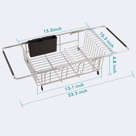 Dish Drying Rack in Sink, Expandable Stainless Steel Dish Drainers for Kitchen Counter, Dish Dryer Rack for Inside Sink, Over The Sink Dish Racks with Utensil Holder, Silver