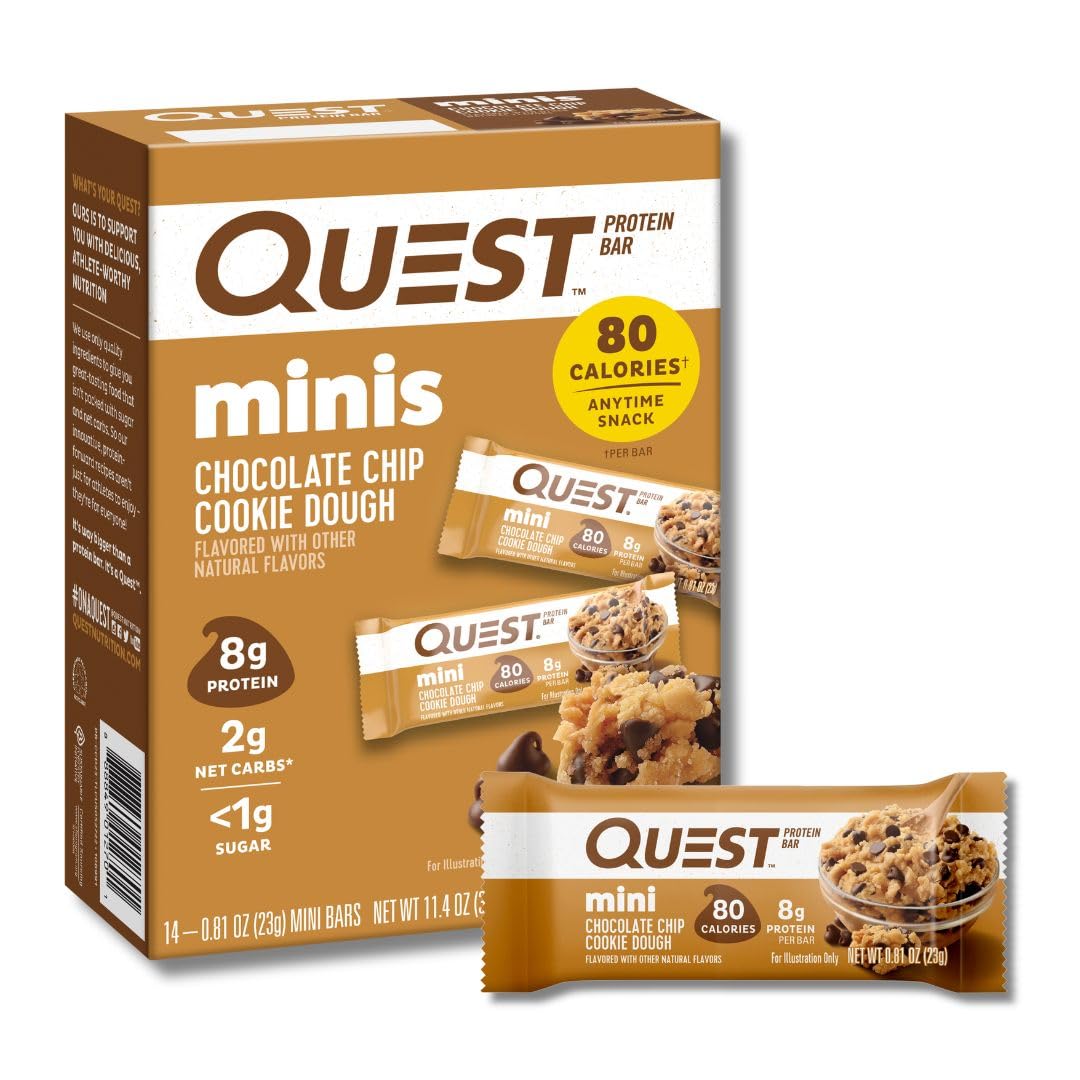 quest nutrition mini chocolate chip cookie dough protein bars 1g sugar 8g protein gluten free 14 count