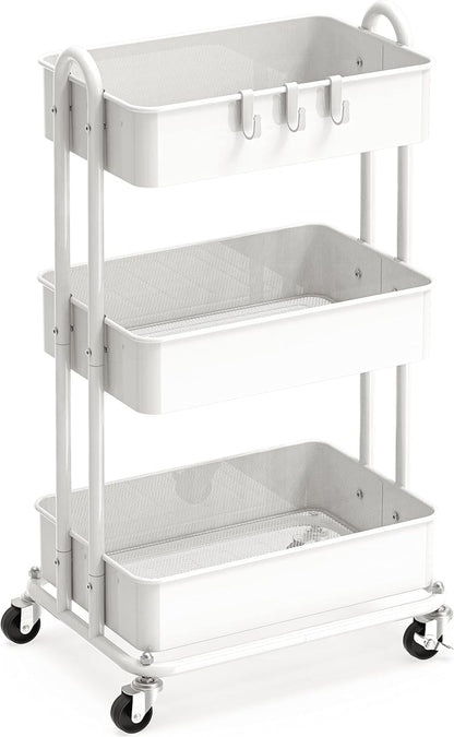 Simple Houseware 3-Tier Heavy Duty Metal Utility Rolling Cart, White